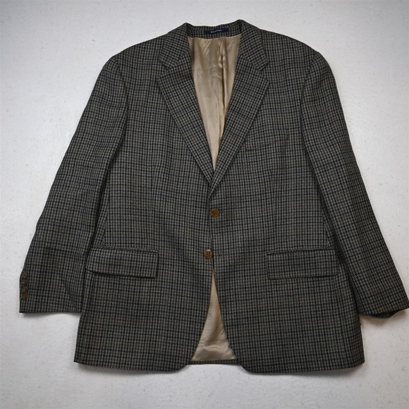 Vtg Chaps Ralph Lauren 46R Houndstooth 100% Wool Tweed Blazer Jacket Sport Coat